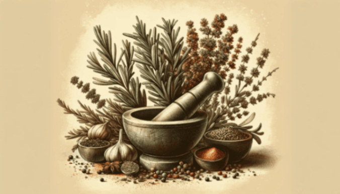 rosemary and oregano with mortar and pestle vintage illustration