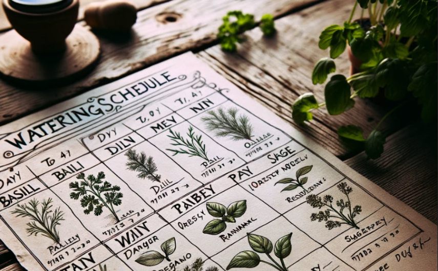 Handwritten indoor herb watering schedule