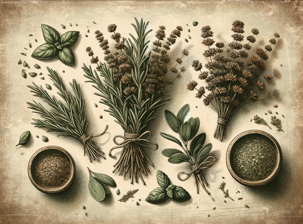 Rosemary and oregano herb substitutions vintage illustration